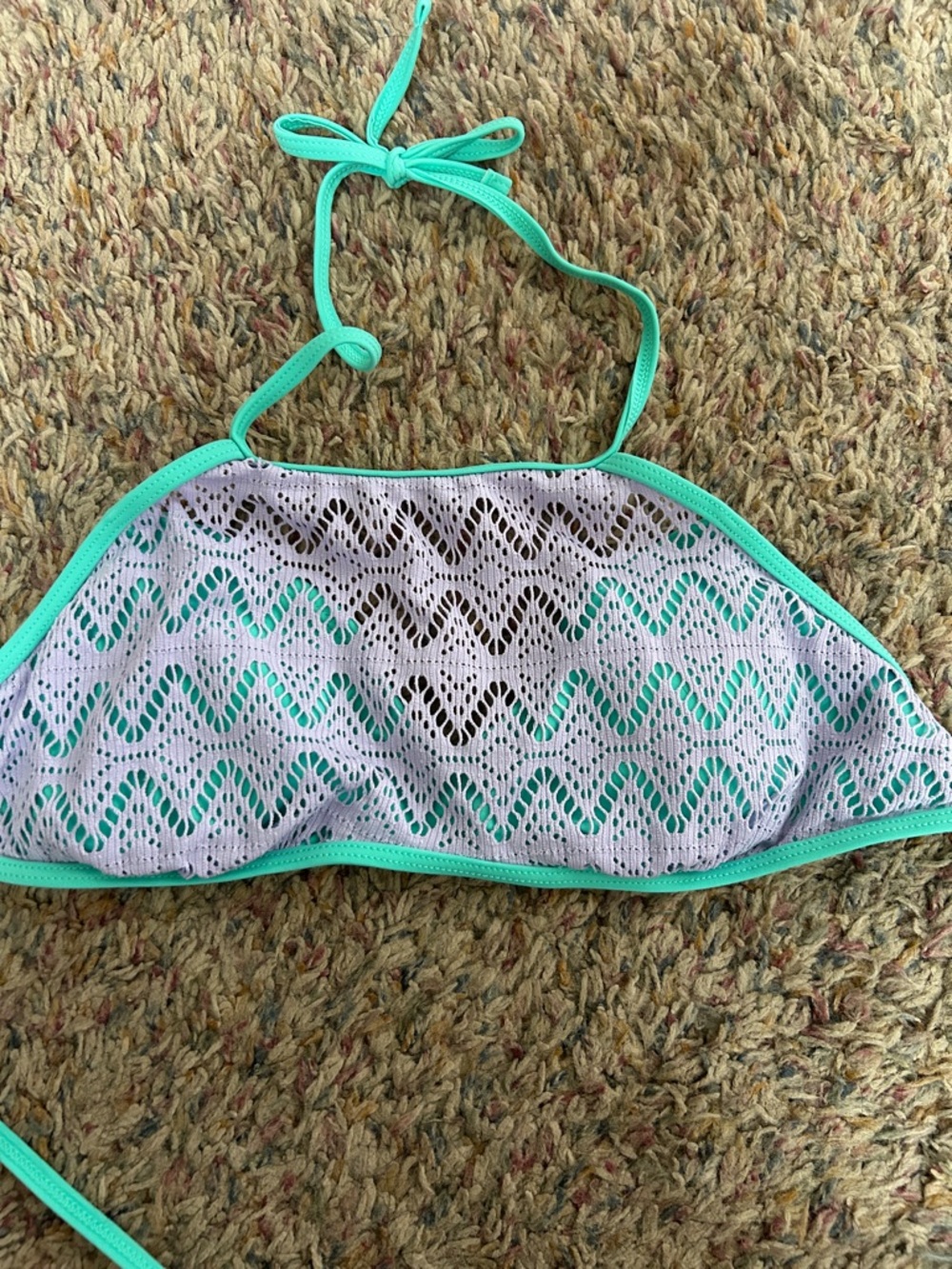 Arizona Jean Company Mint Green and Purple Crochet-Overlay Bikini Top